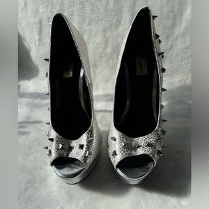 Silver Peep-Toe High Heels with Stud Detail
